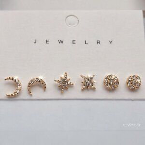 Celestial Moon & Star Lot of Stud Earrings 1/4" Small New Gold Tone